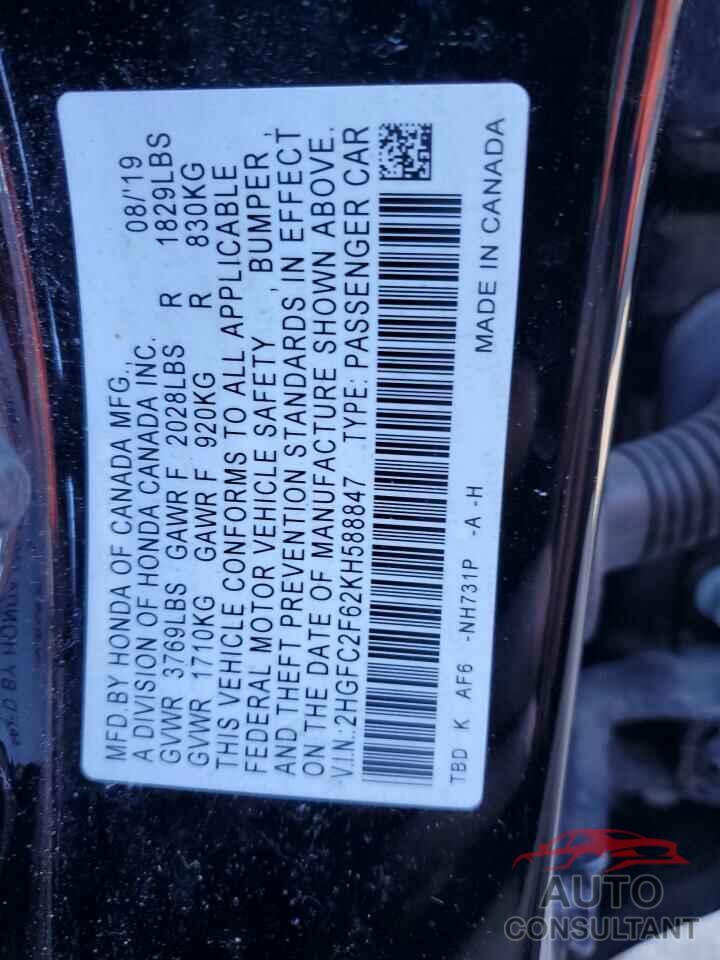 HONDA CIVIC 2019 - 2HGFC2F62KH588847