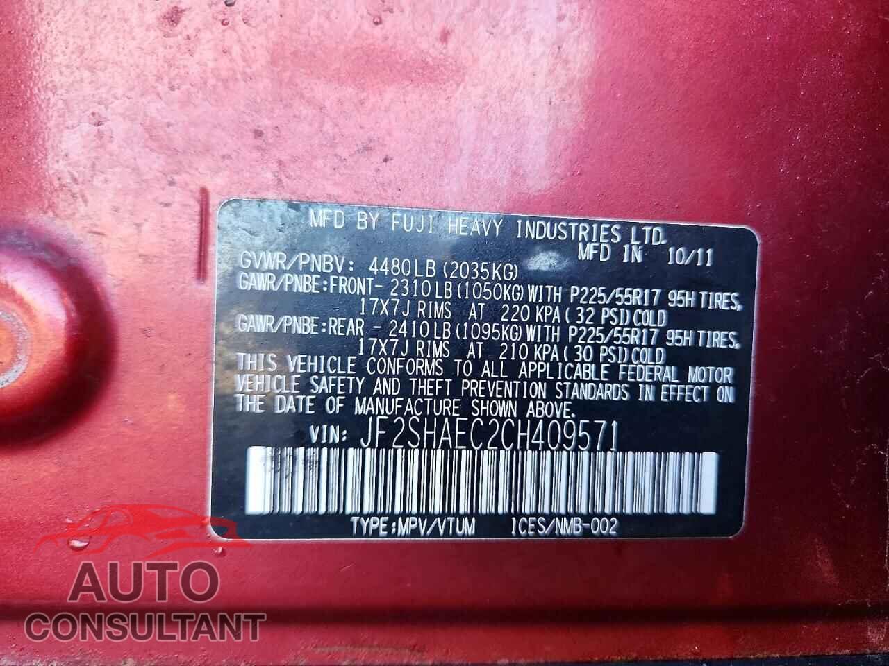 SUBARU FORESTER 2012 - JF2SHAEC2CH409571