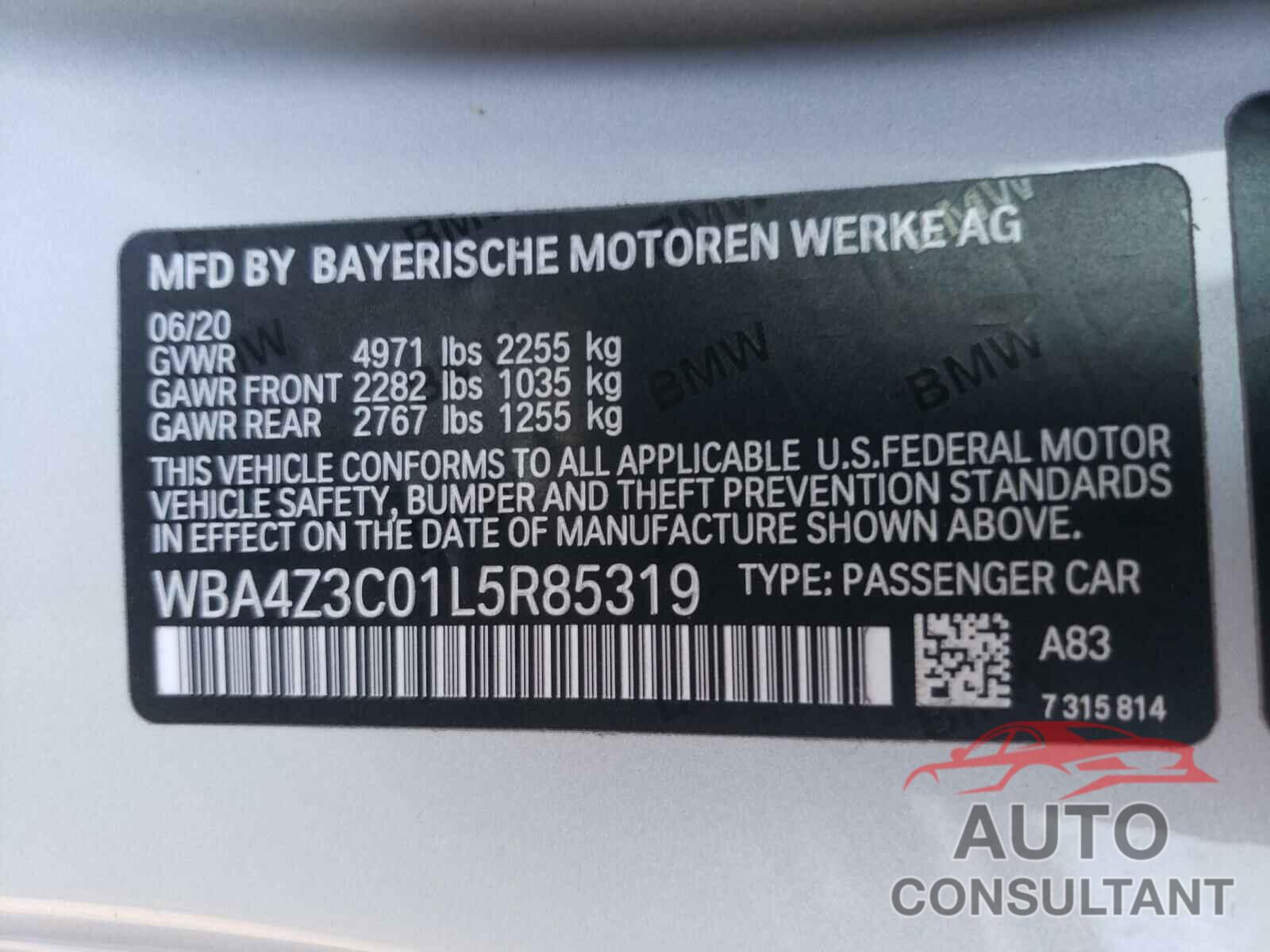 BMW 4 SERIES 2020 - WBA4Z3C01L5R85319