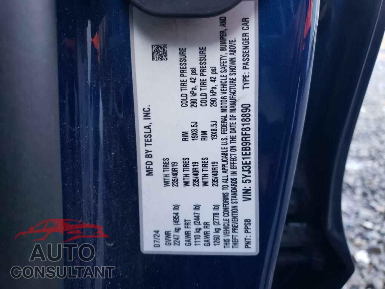 TESLA MODEL 3 2024 - 5YJ3E1EB9RF818890