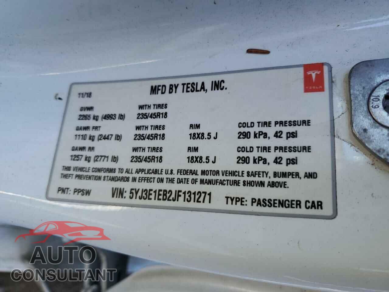 TESLA MODEL 3 2018 - 5YJ3E1EB2JF131271
