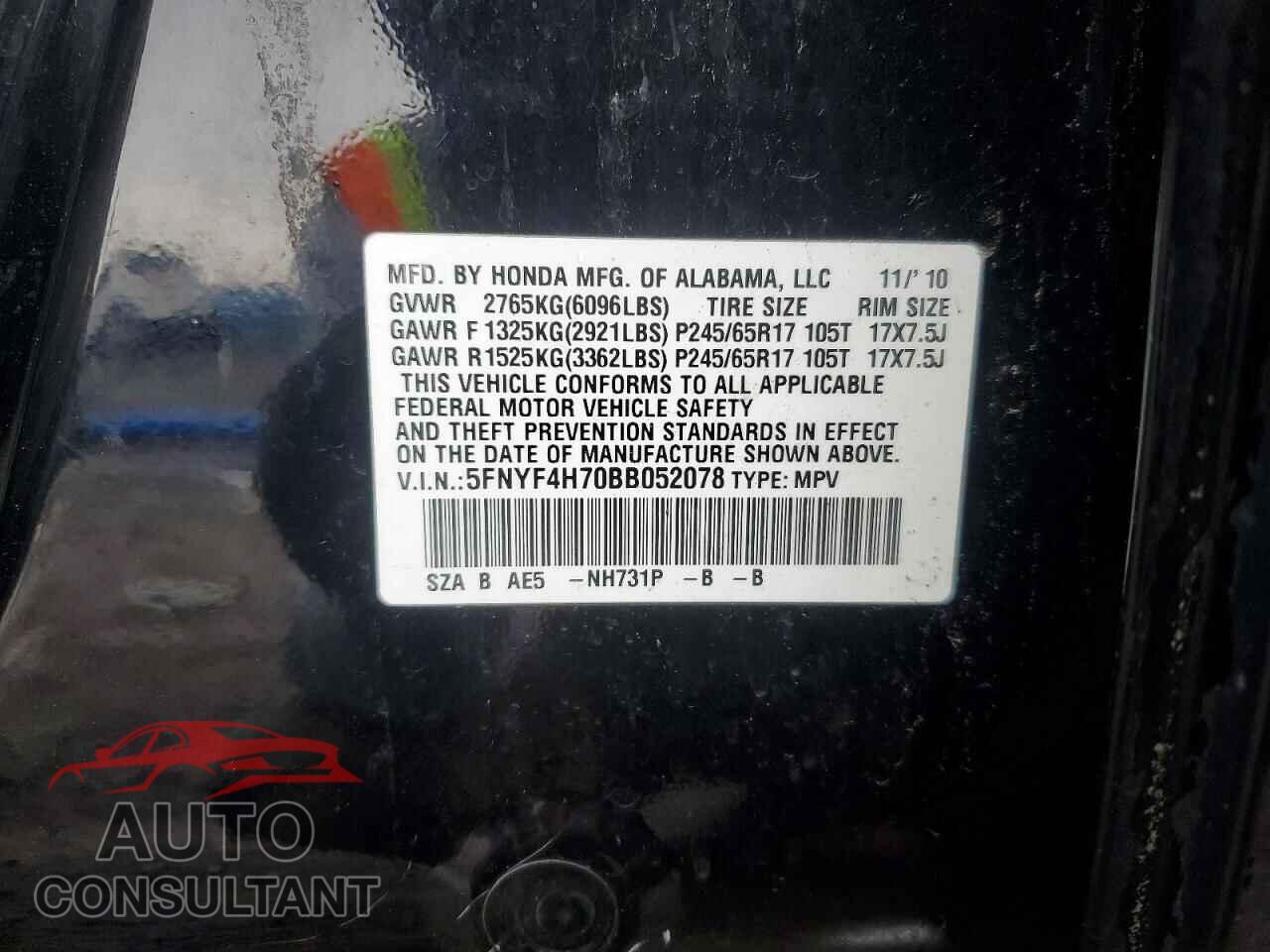 HONDA PILOT 2011 - 5FNYF4H70BB052078