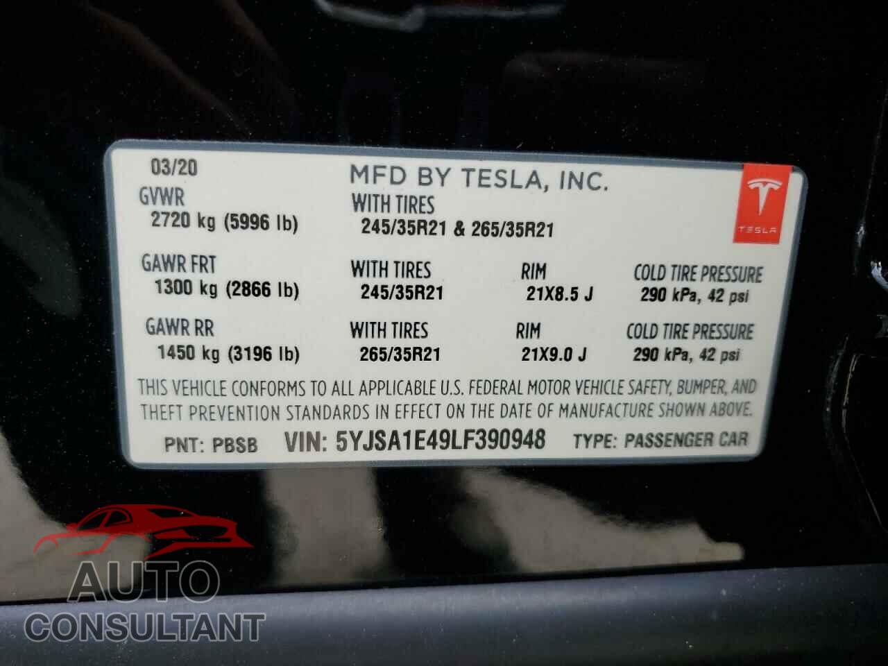 TESLA MODEL S 2020 - 5YJSA1E49LF390948