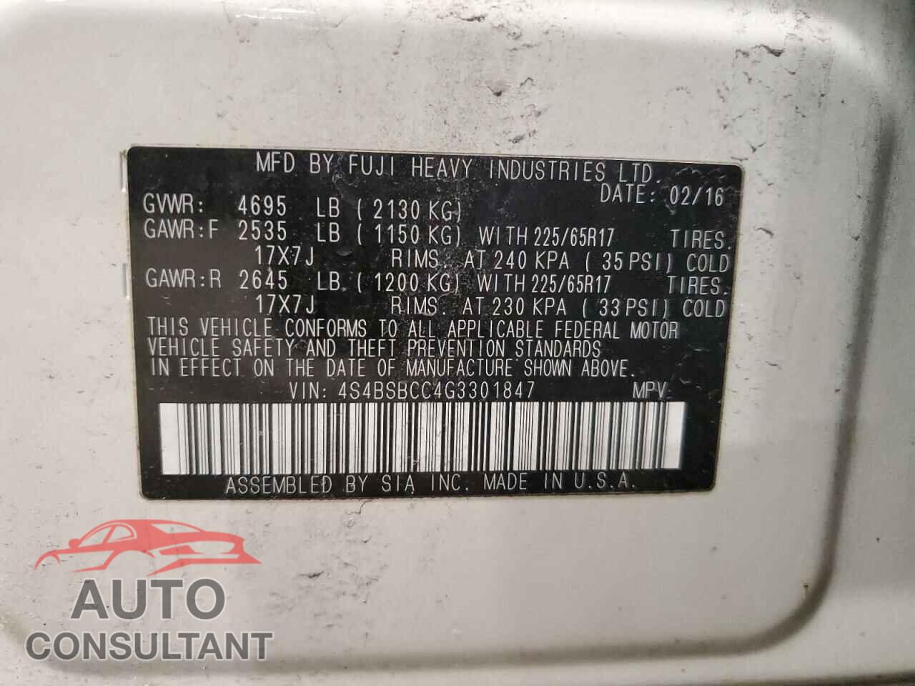 SUBARU OUTBACK 2016 - 4S4BSBCC4G3301847