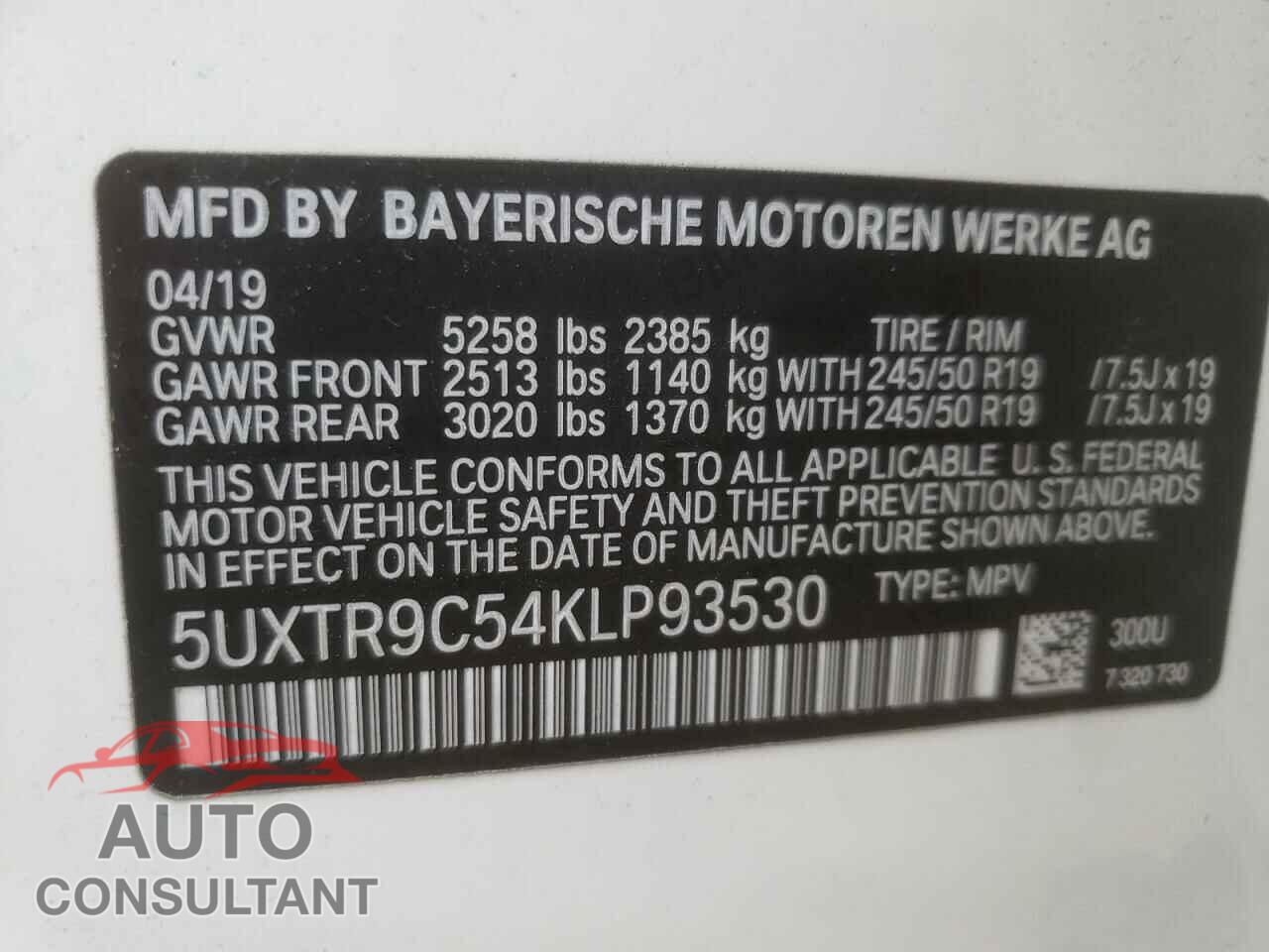 BMW X3 2019 - 5UXTR9C54KLP93530