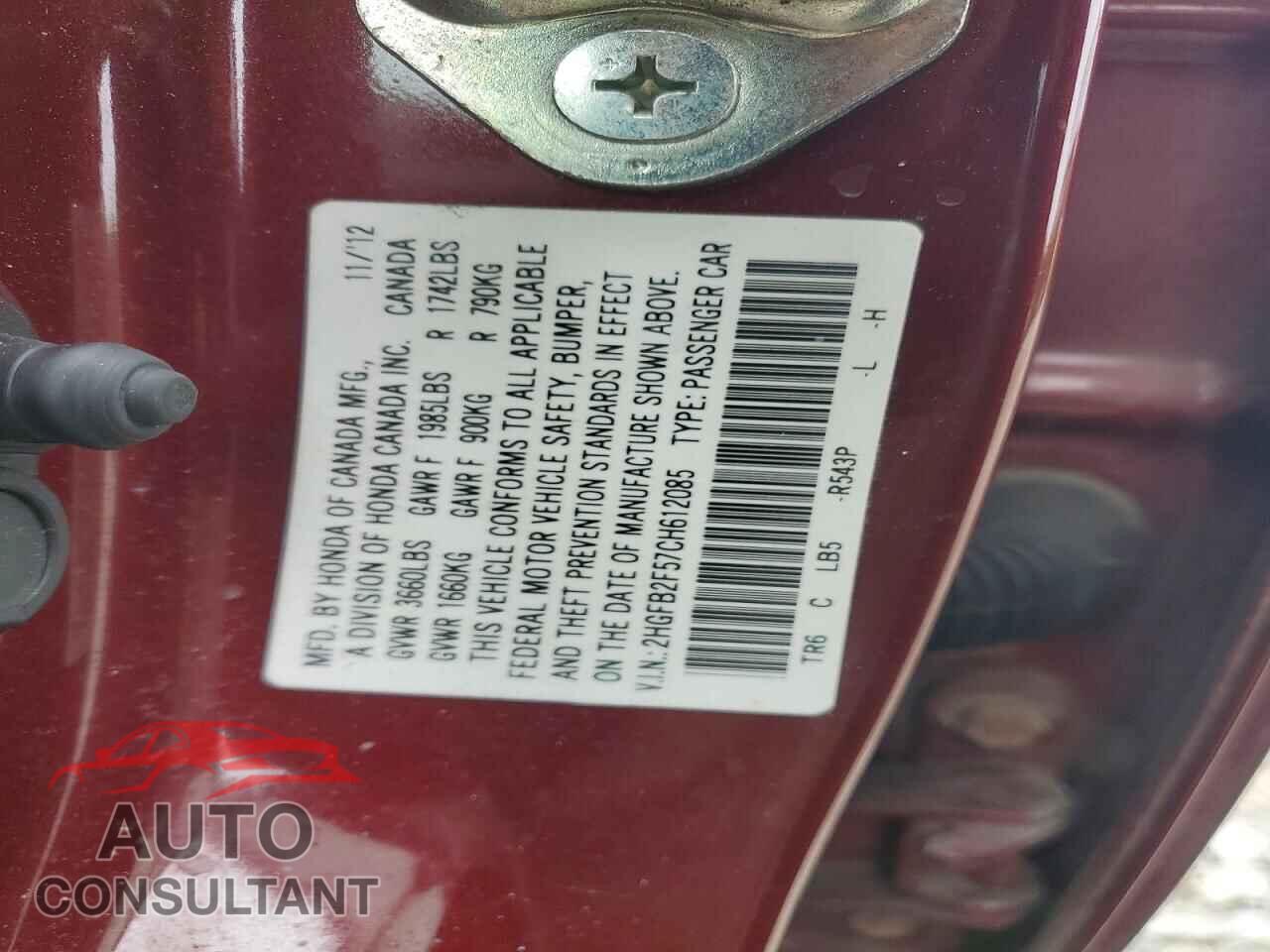 HONDA CIVIC 2012 - 2HGFB2F57CH612085