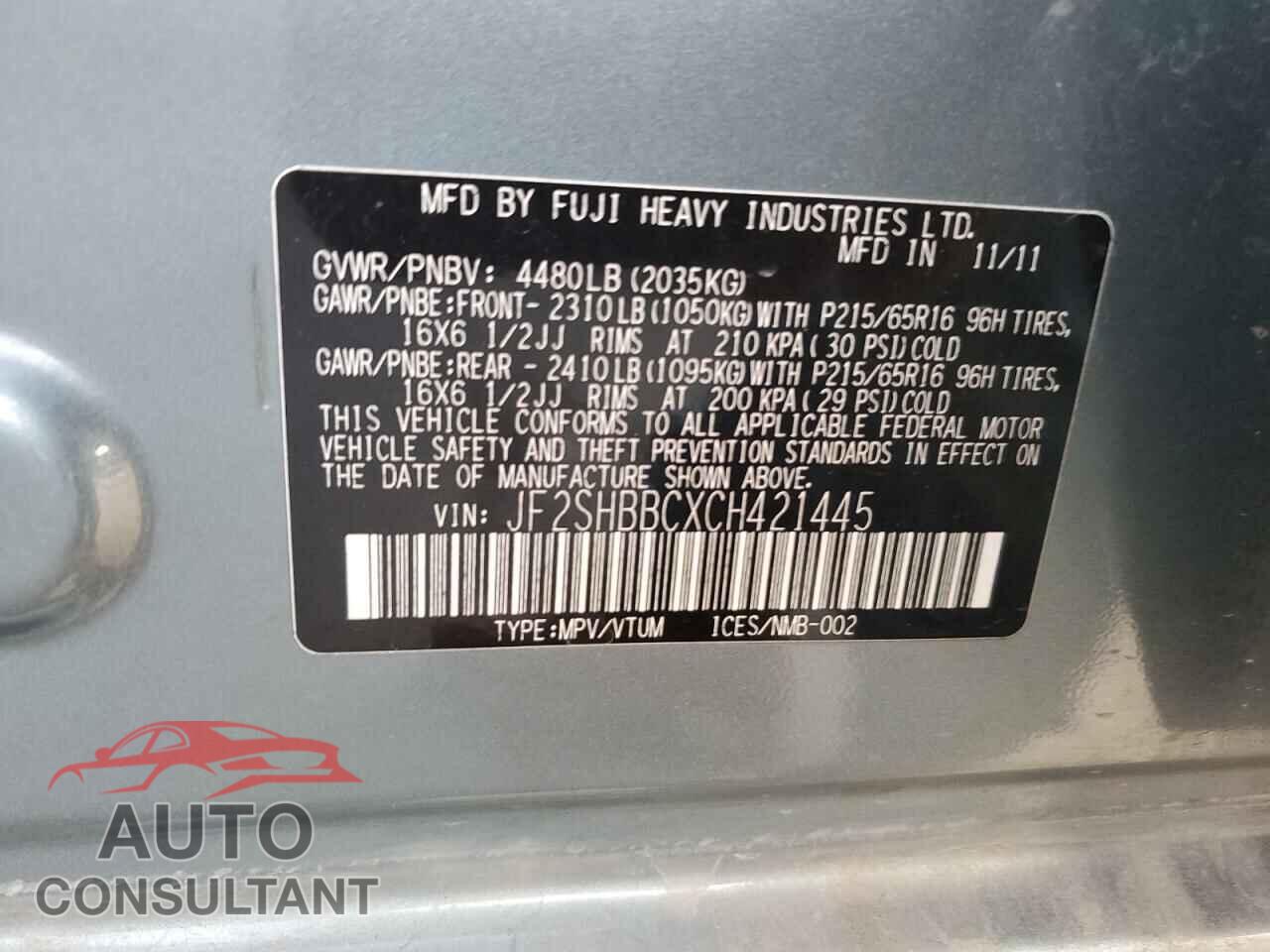 SUBARU FORESTER 2012 - JF2SHBBCXCH421445
