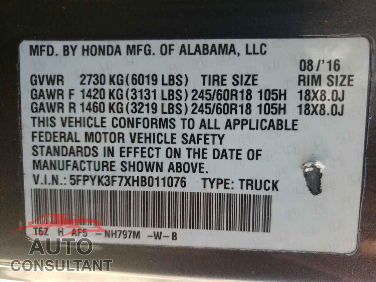 HONDA RIDGELINE 2017 - 5FPYK3F7XHB011076