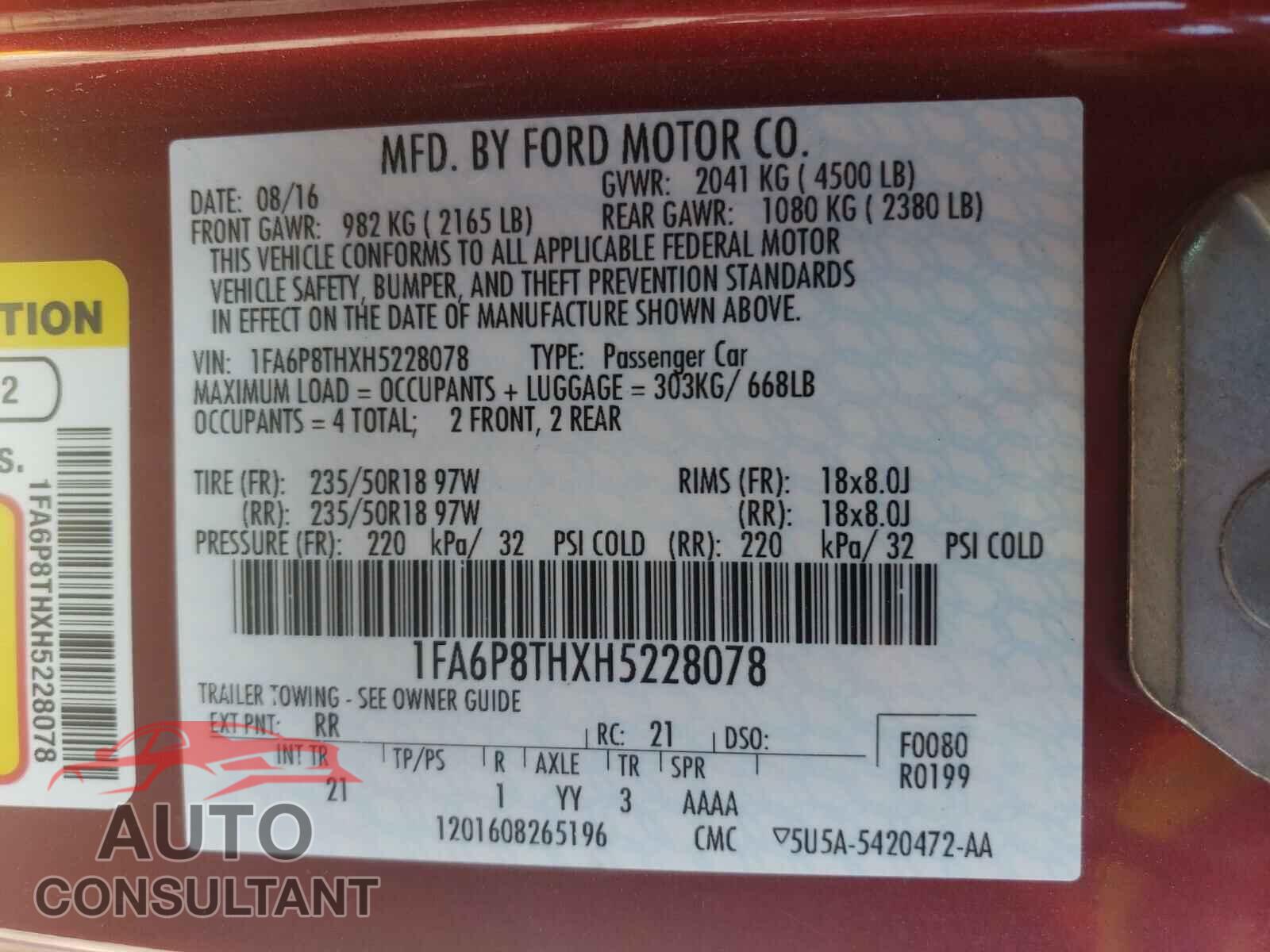 FORD MUSTANG 2017 - 1FA6P8THXH5228078