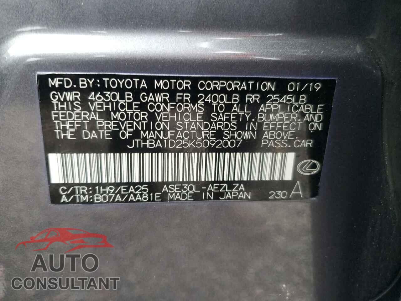LEXUS IS 2019 - JTHBA1D25K5092007
