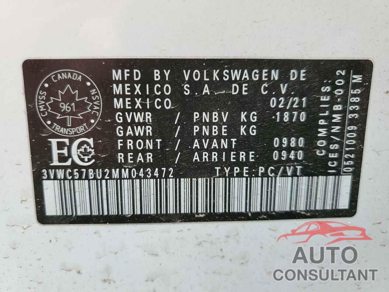 VOLKSWAGEN JETTA 2021 - 3VWC57BU2MM043472