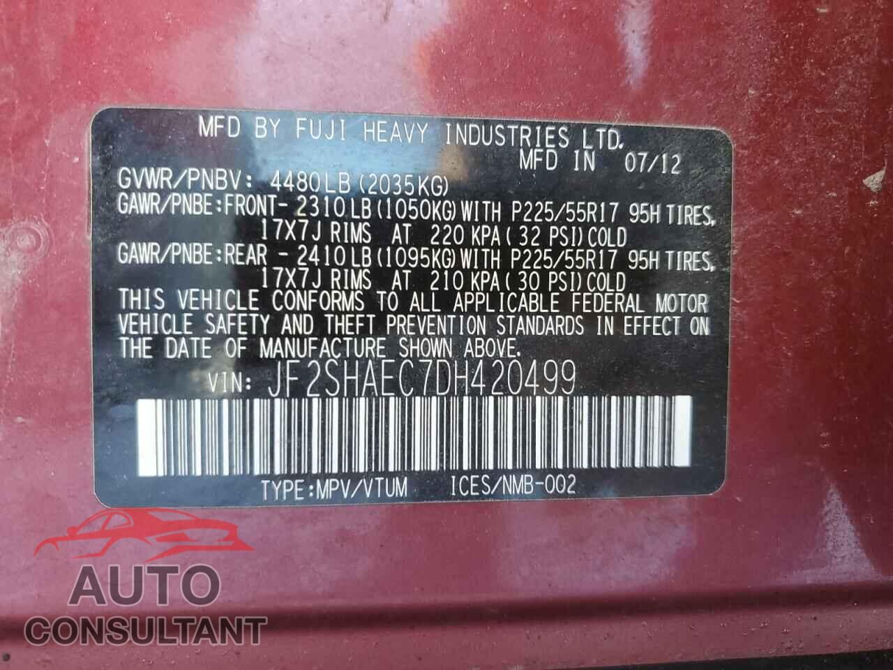 SUBARU FORESTER 2013 - JF2SHAEC7DH420499