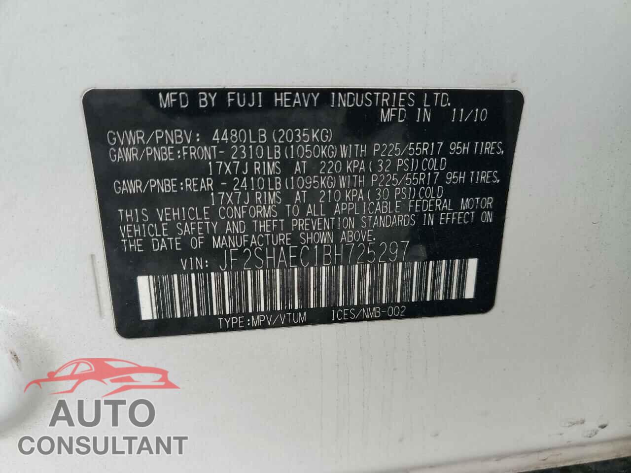 SUBARU FORESTER 2011 - JF2SHAEC1BH725297