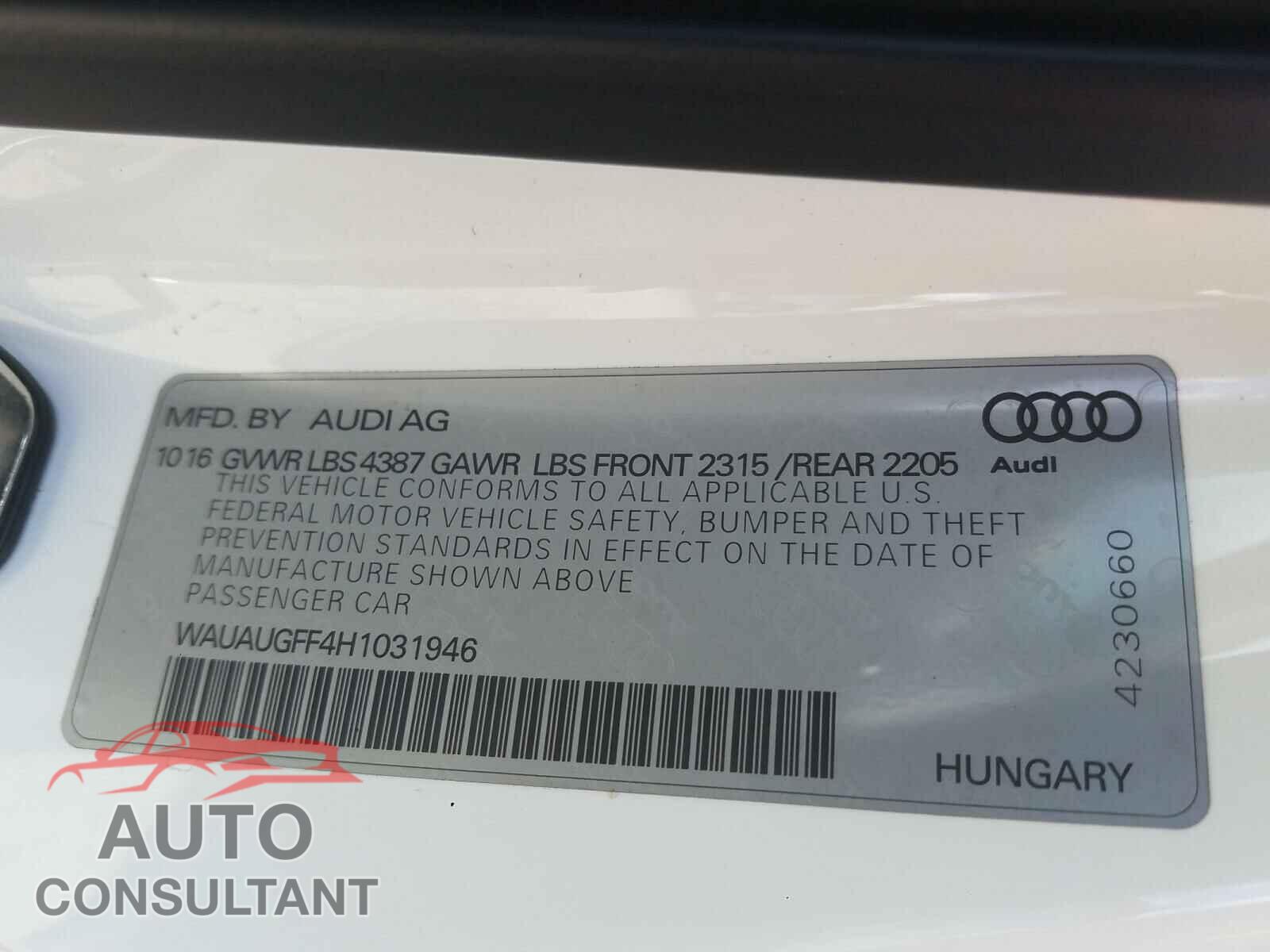 AUDI A3 2017 - WAUAUGFF4H1031946