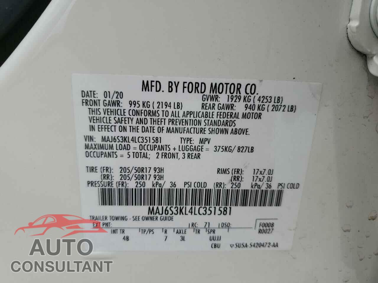 FORD ECOSPORT 2020 - MAJ6S3KL4LC351581