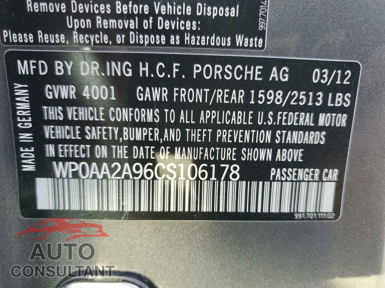 PORSCHE 911 2012 - WP0AA2A96CS106178