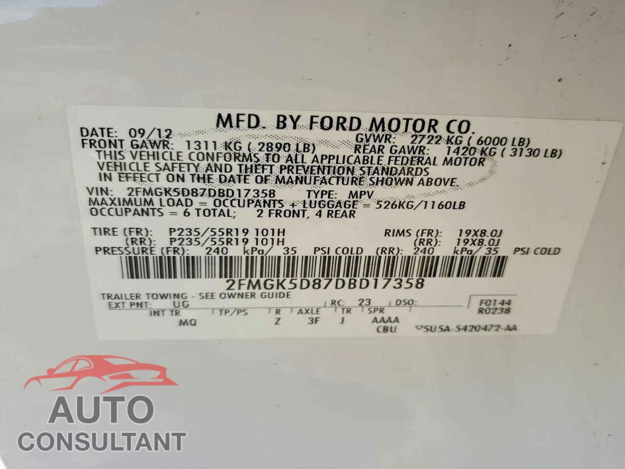 FORD FLEX 2013 - 2FMGK5D87DBD17358