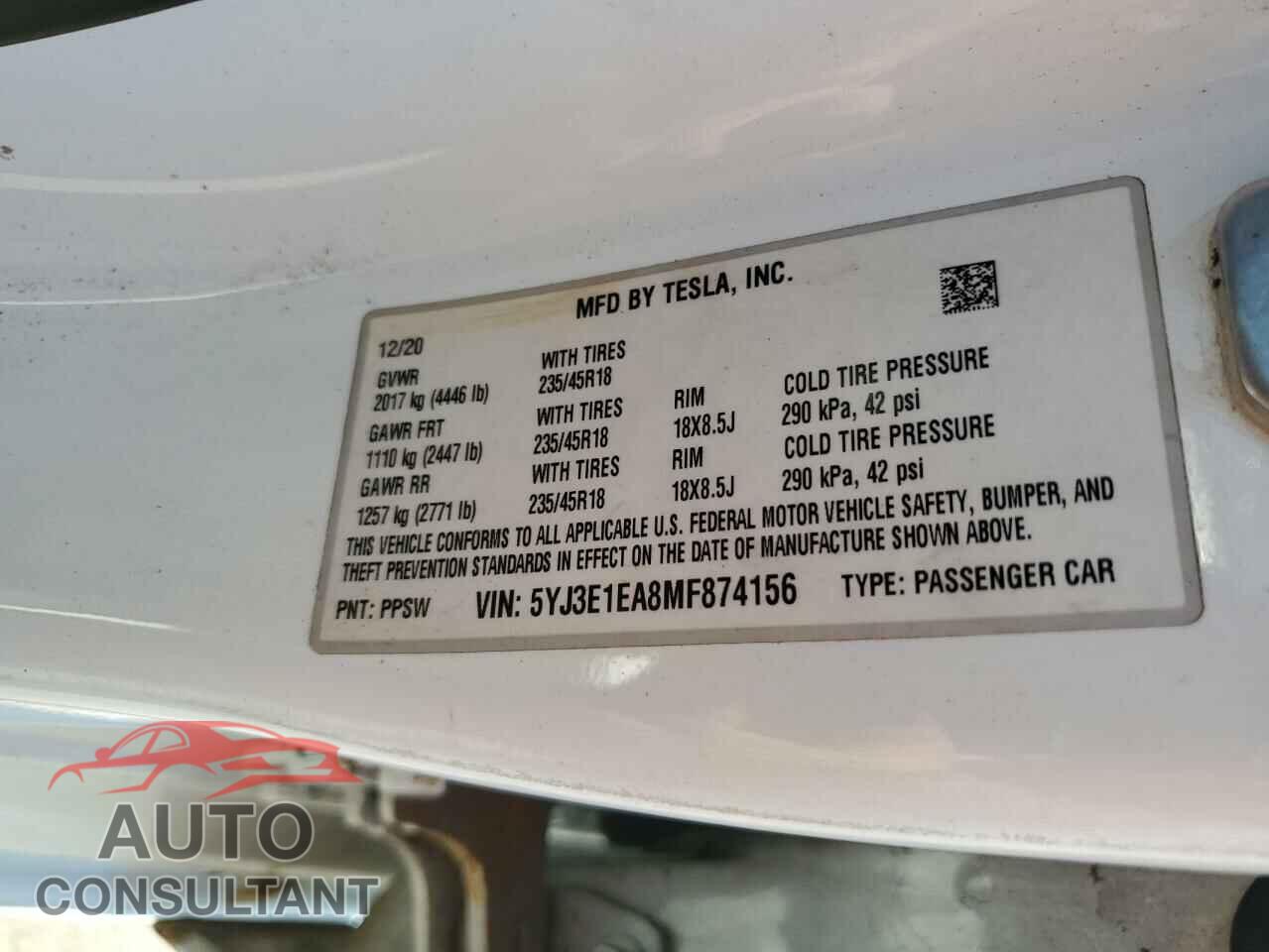 TESLA MODEL 3 2021 - 5YJ3E1EA8MF874156