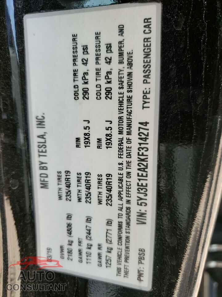 TESLA MODEL 3 2019 - 5YJ3E1EA2KF314274