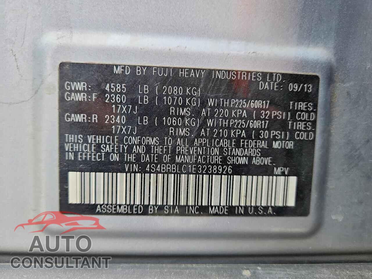 SUBARU OUTBACK 2014 - 4S4BRBLC1E3238926