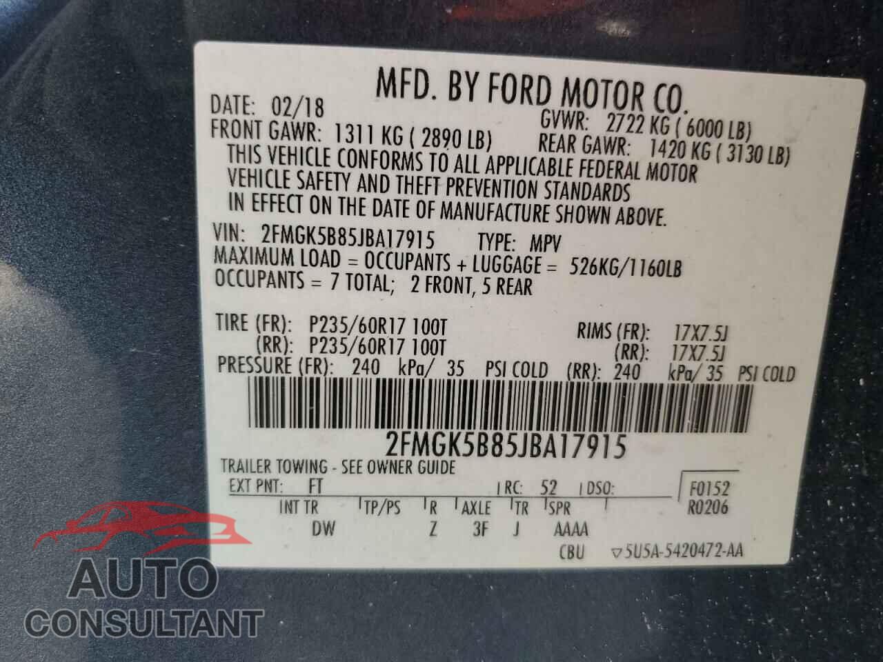 FORD FLEX 2018 - 2FMGK5B85JBA17915