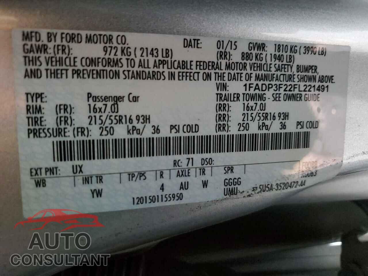 FORD FOCUS 2015 - 1FADP3F22FL221491