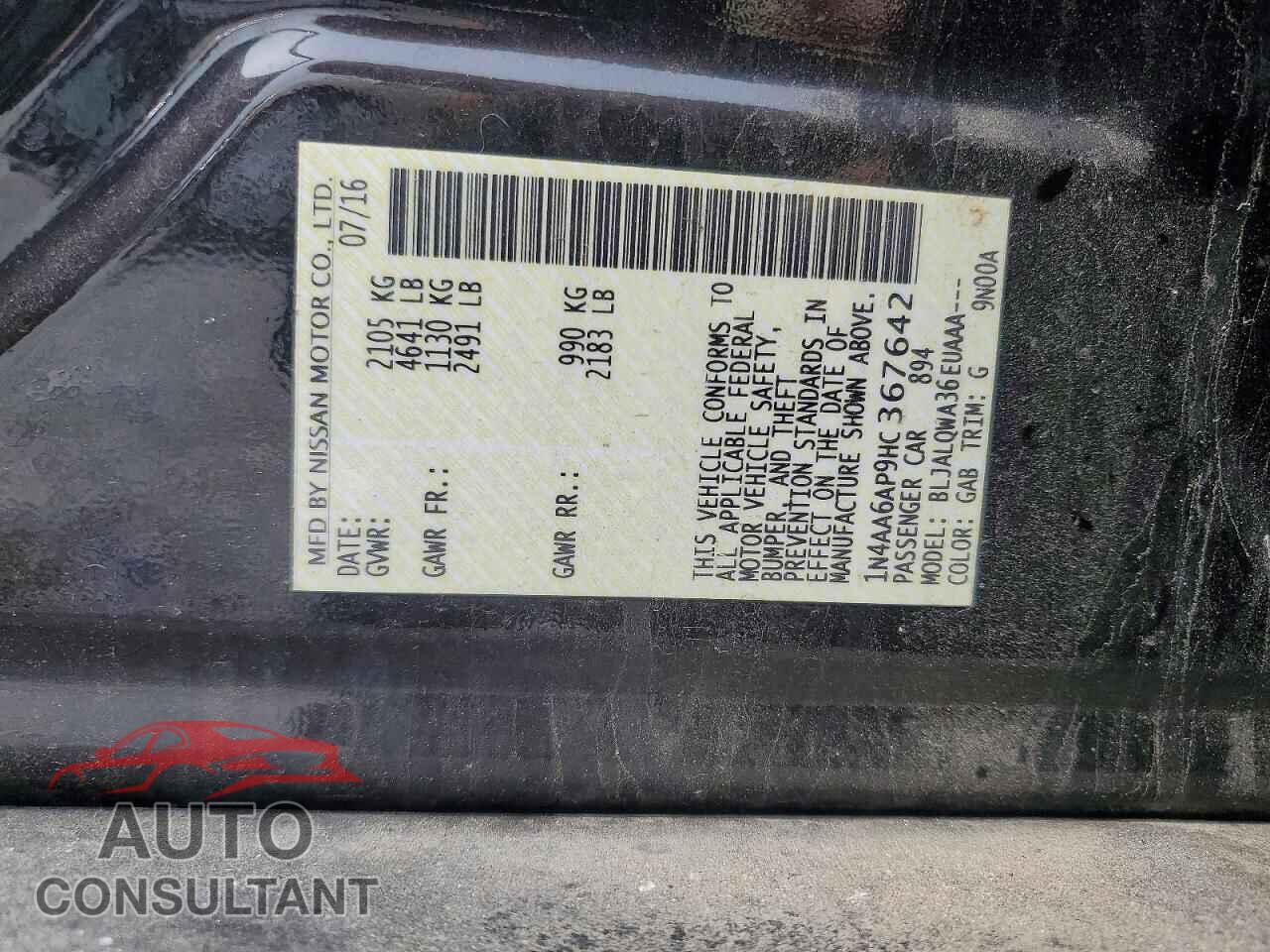 NISSAN MAXIMA 2017 - 1N4AA6AP9HC367642