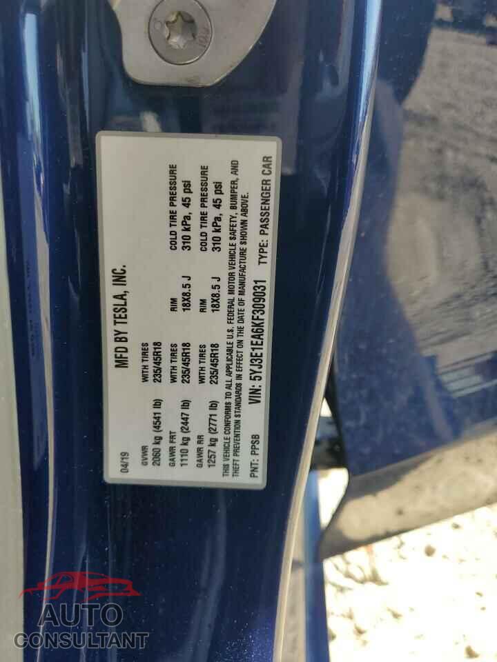 TESLA MODEL 3 2019 - 5YJ3E1EA6KF309031