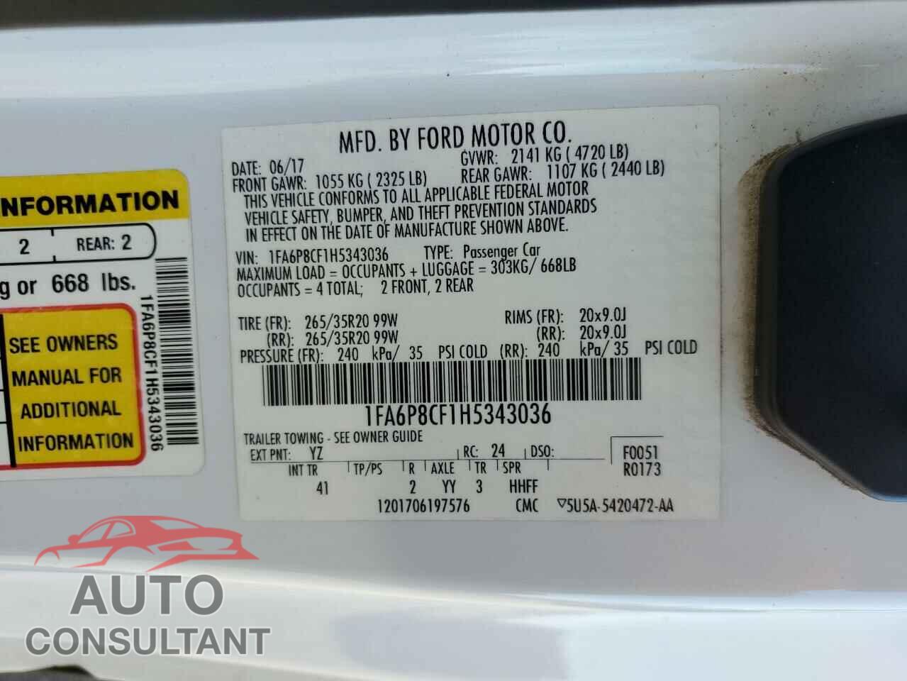 FORD MUSTANG 2017 - 1FA6P8CF1H5343036