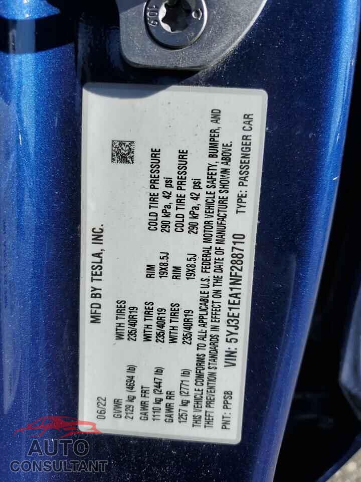 TESLA MODEL 3 2022 - 5YJ3E1EA1NF288710
