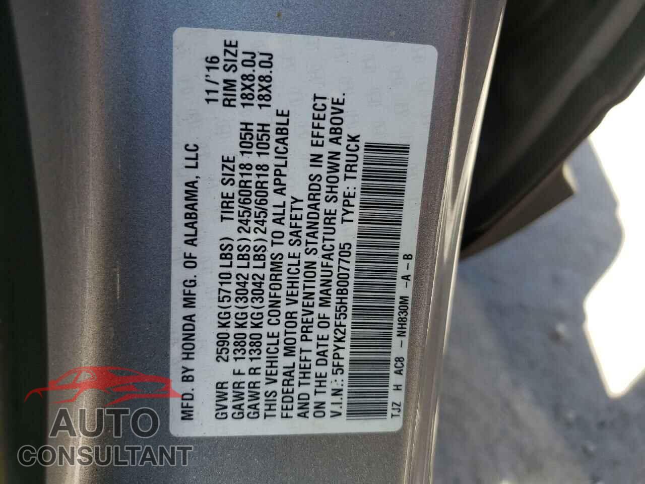 HONDA RIDGELINE 2017 - 5FPYK2F55HB007705