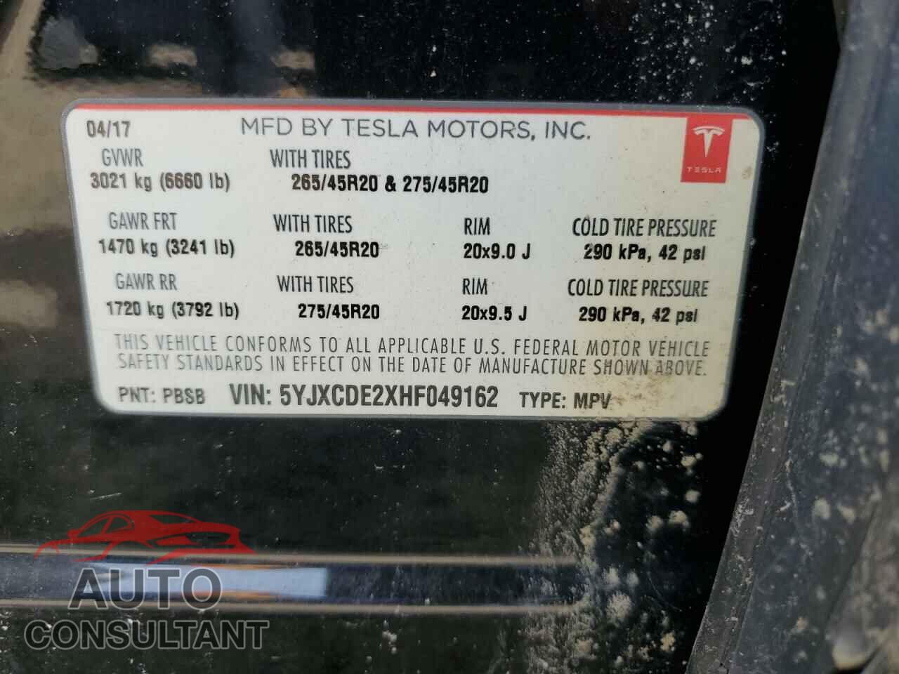TESLA MODEL X 2017 - 5YJXCDE2XHF049162