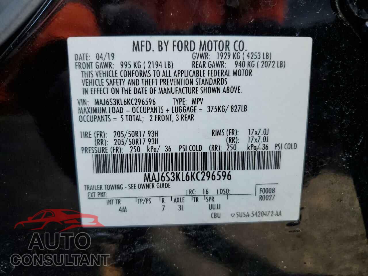 FORD ECOSPORT 2019 - MAJ6S3KL6KC296596