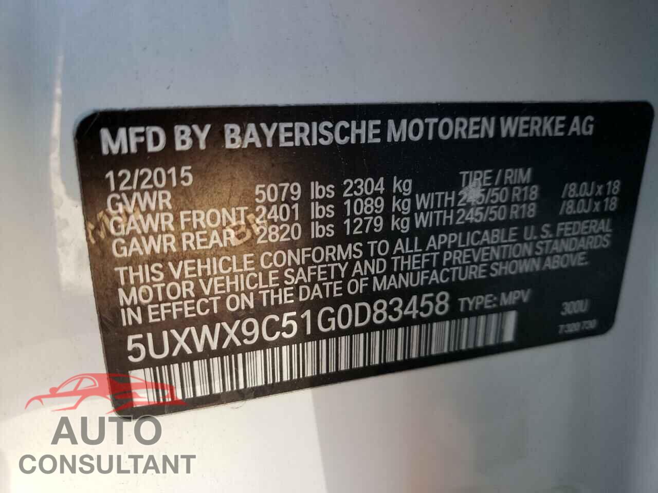 BMW X3 2016 - 5UXWX9C51G0D83458
