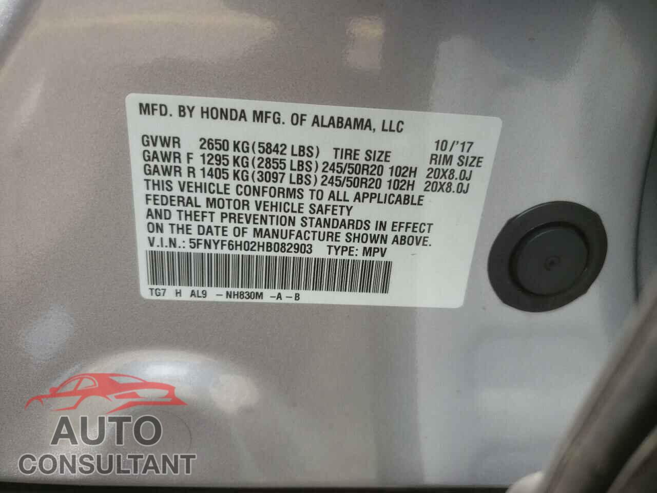 HONDA PILOT 2017 - 5FNYF6H02HB082903