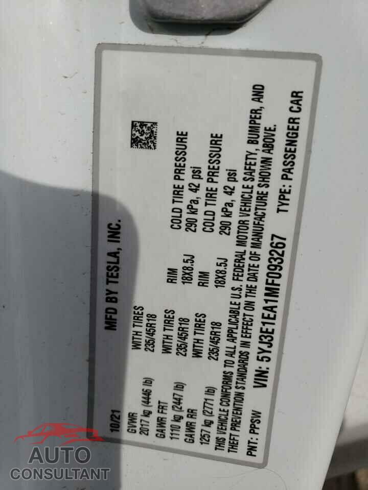 TESLA MODEL 3 2021 - 5YJ3E1EA1MF093267
