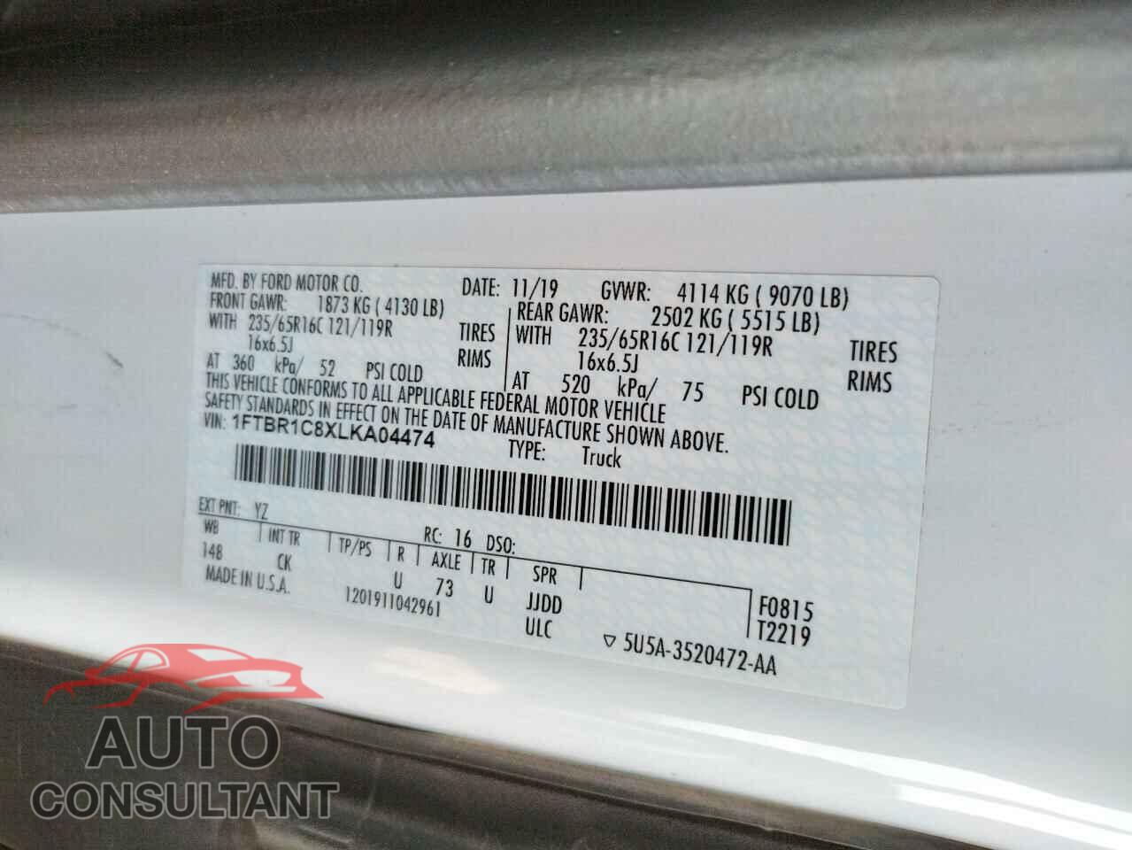FORD TRANSIT CO 2020 - 1FTBR1C8XLKA04474