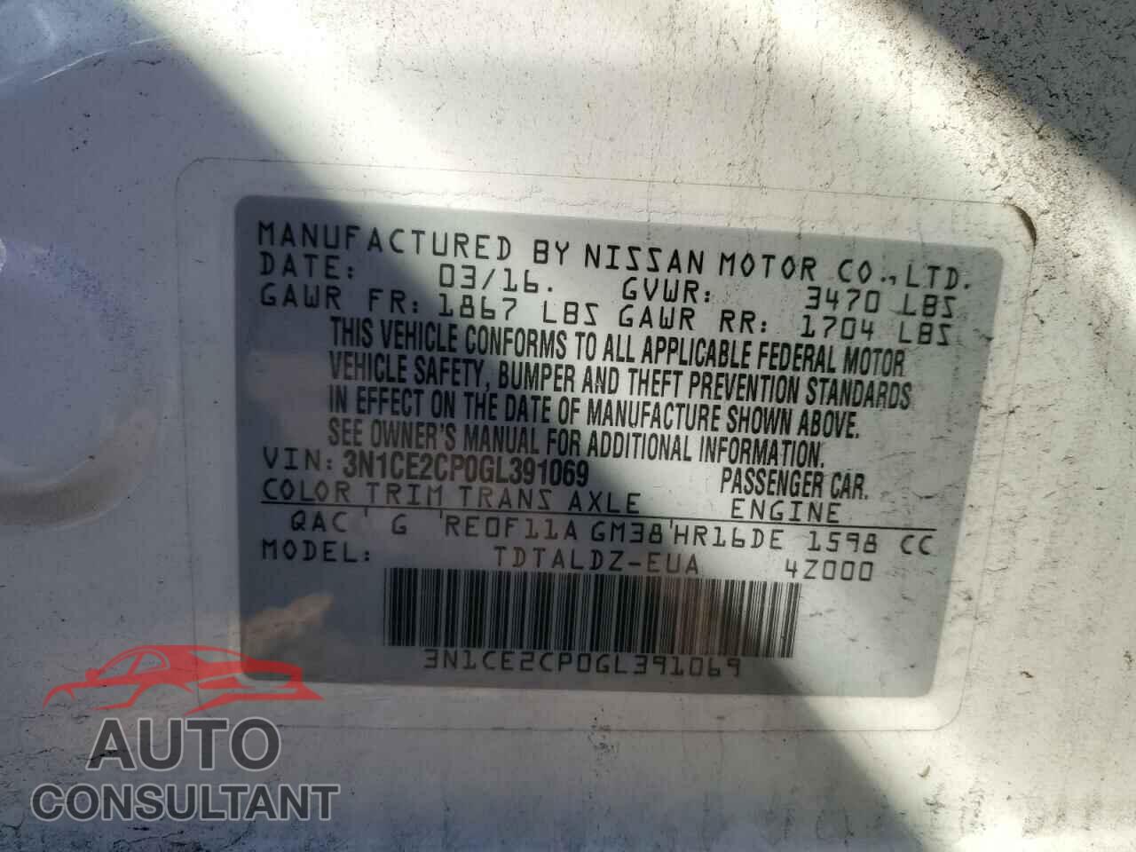 NISSAN VERSA 2016 - 3N1CE2CP0GL391069