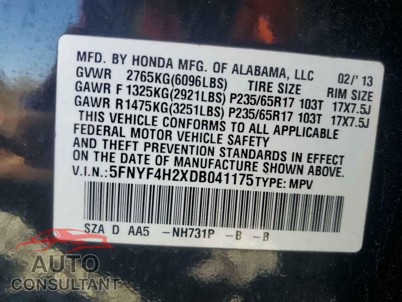 HONDA PILOT 2013 - 5FNYF4H2XDB041175