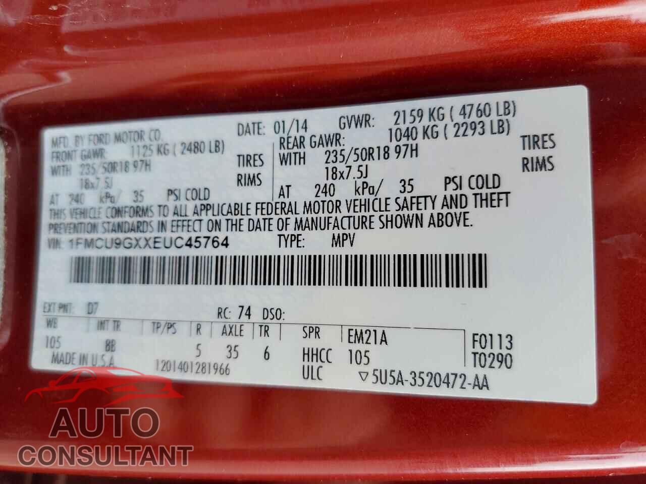 FORD ESCAPE 2014 - 1FMCU9GXXEUC45764