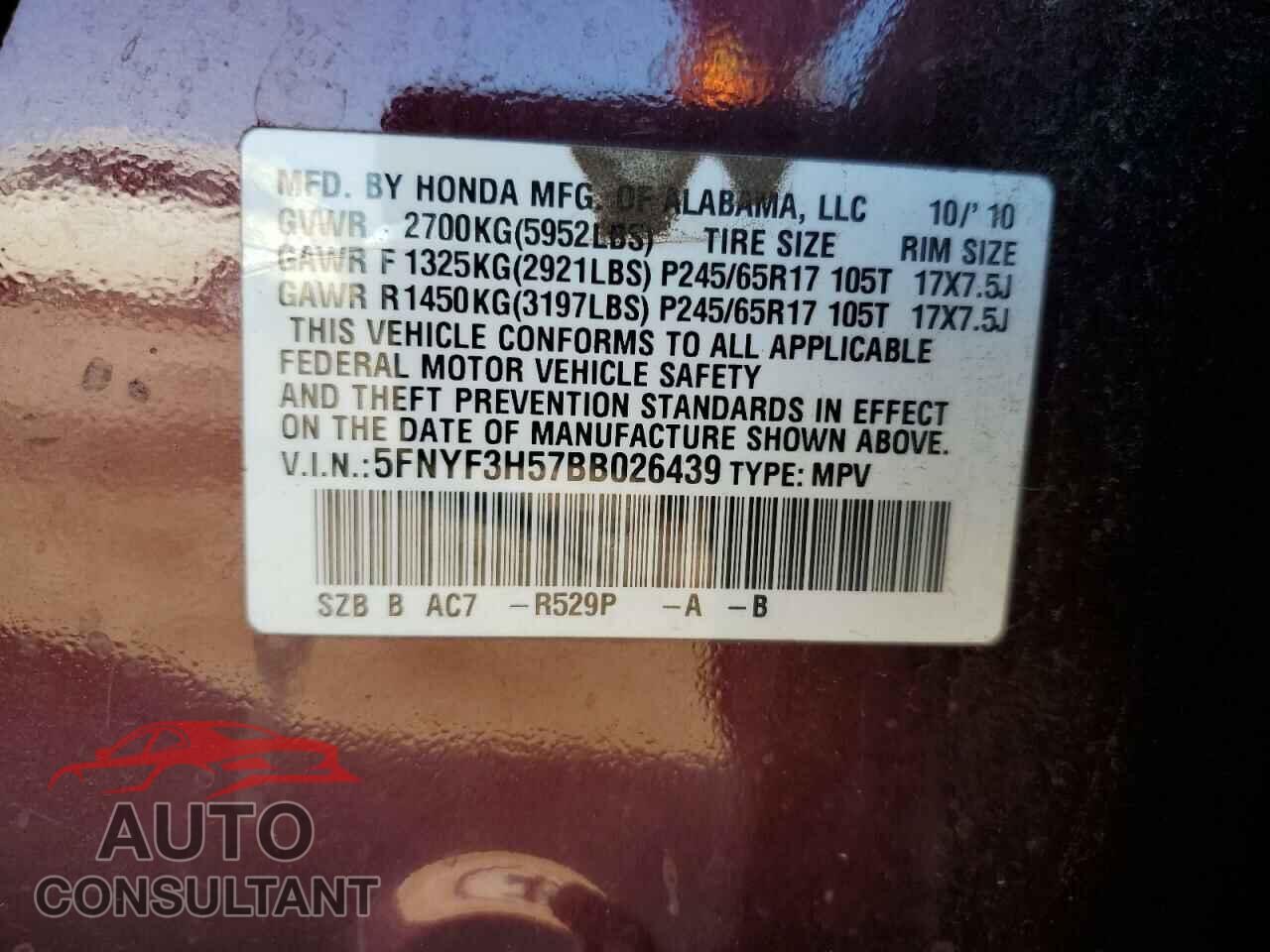 HONDA PILOT 2011 - 5FNYF3H57BB026439
