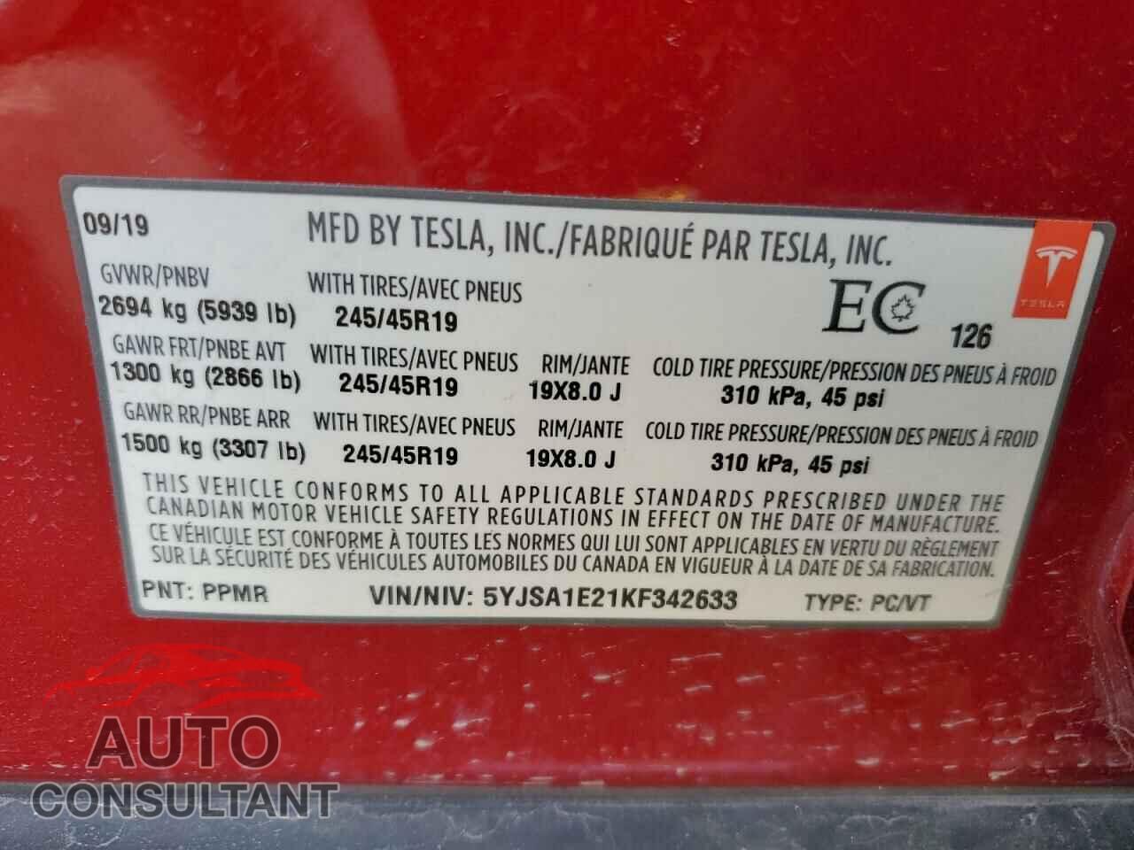 TESLA MODEL S 2019 - 5YJSA1E21KF342633