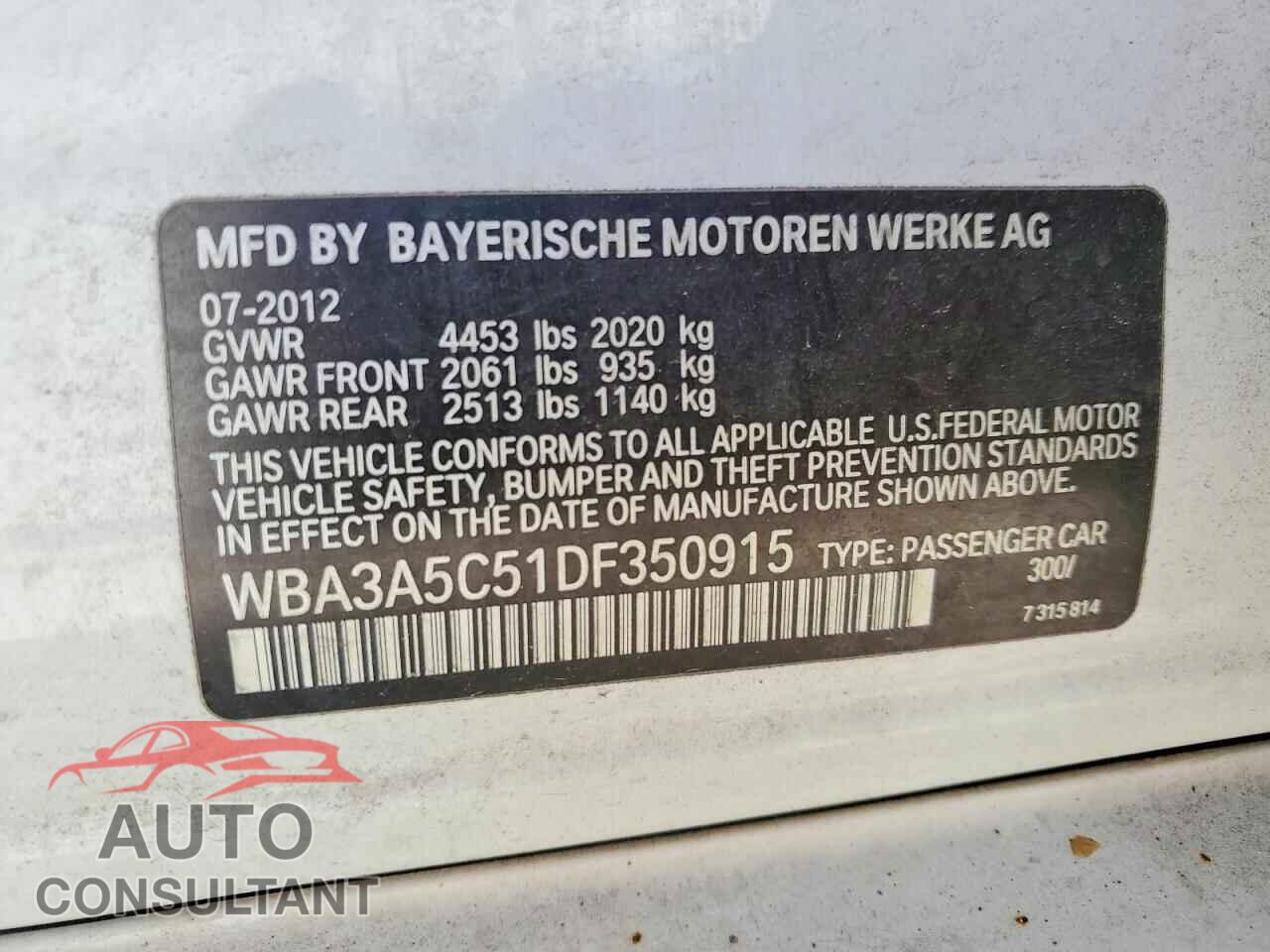 BMW 3 SERIES 2013 - WBA3A5C51DF350915