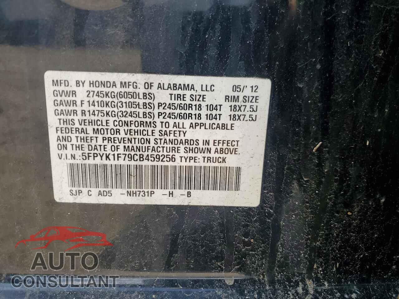 HONDA RIDGELINE 2012 - 5FPYK1F79CB459256