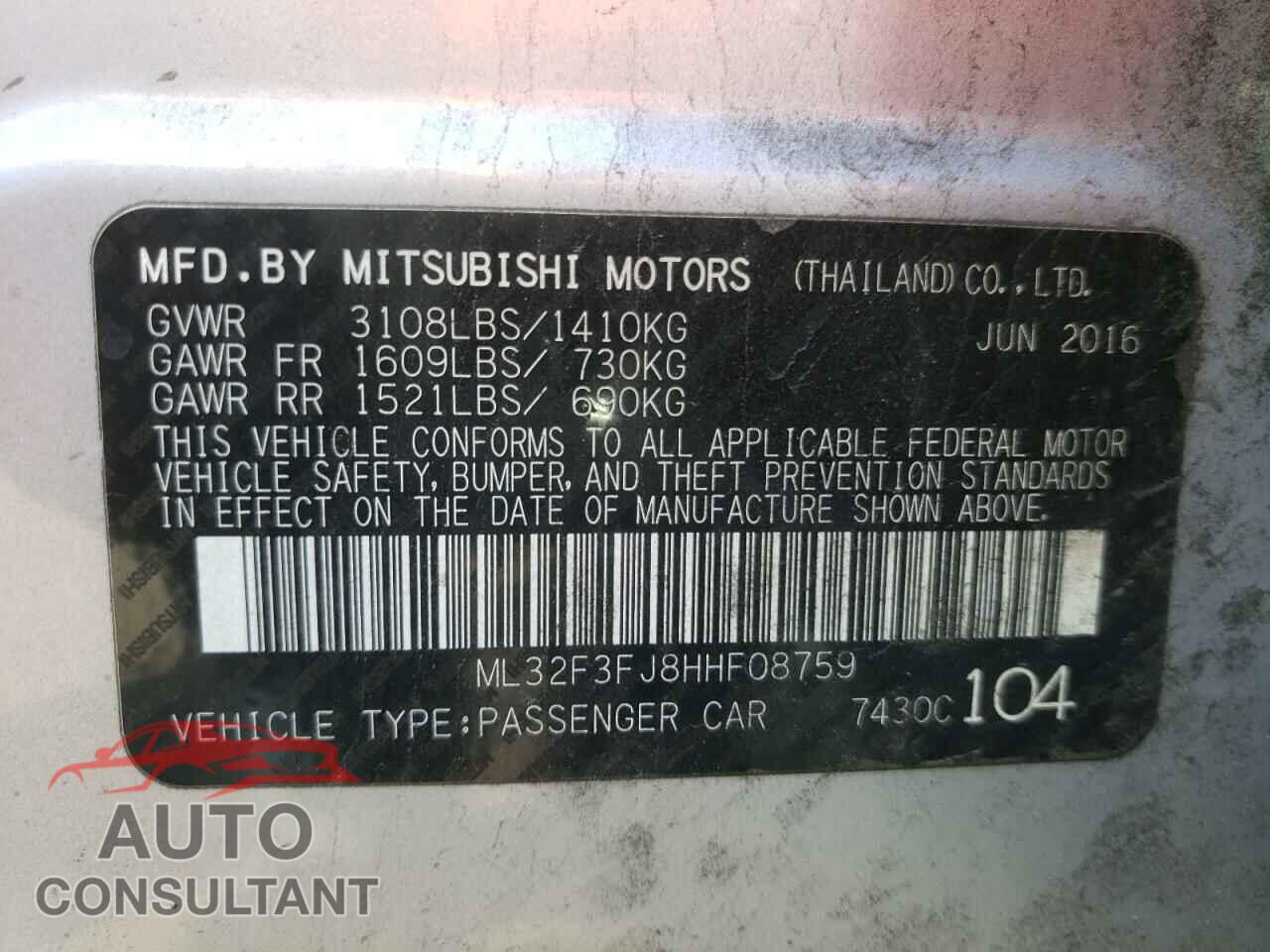 MITSUBISHI MIRAGE 2017 - ML32F3FJ8HHF08759
