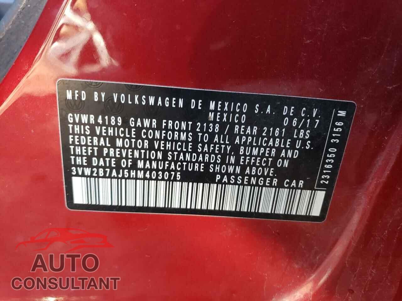 VOLKSWAGEN JETTA 2017 - 3VW2B7AJ5HM403075