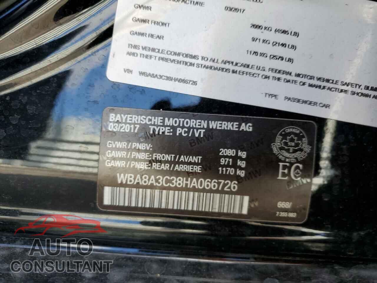 BMW 3 SERIES 2017 - WBA8A3C38HA066726