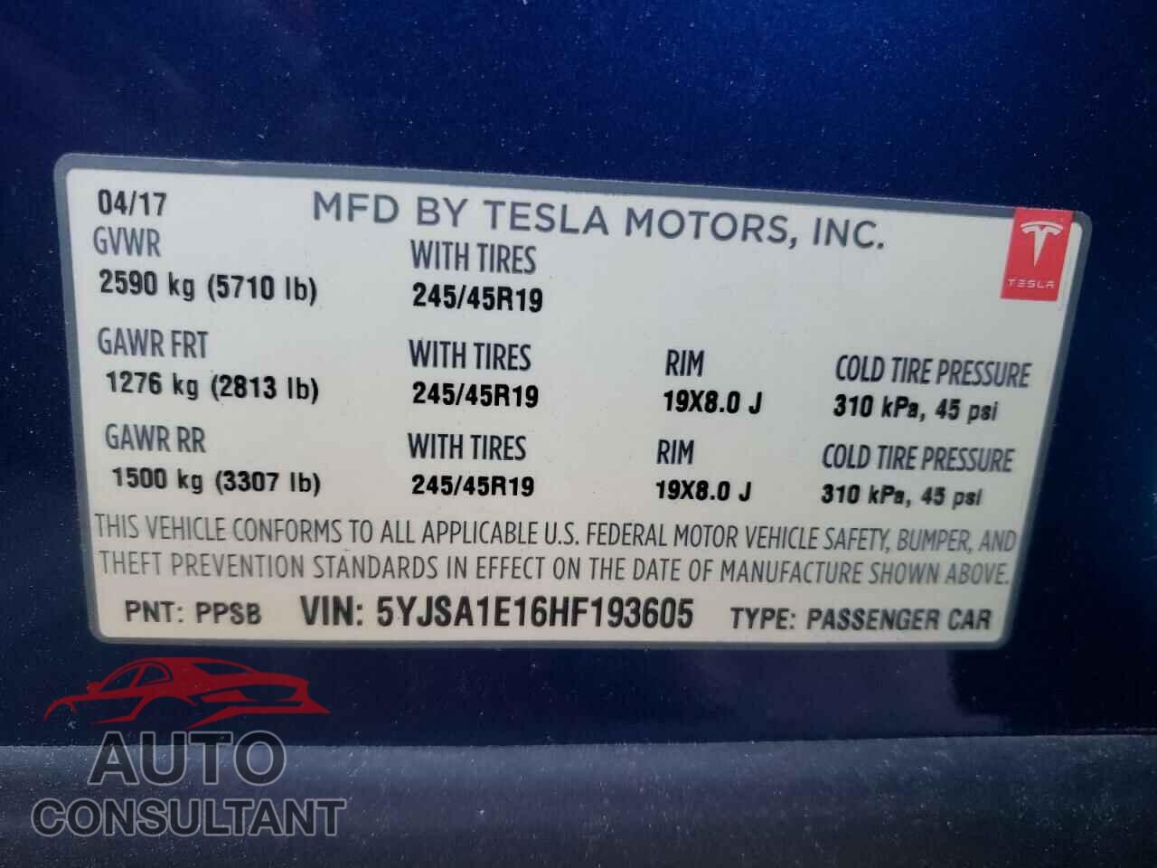 TESLA MODEL S 2017 - 5YJSA1E16HF193605