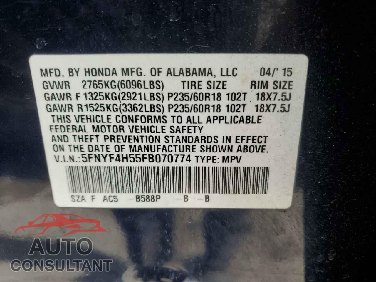 HONDA PILOT 2015 - 5FNYF4H55FB070774