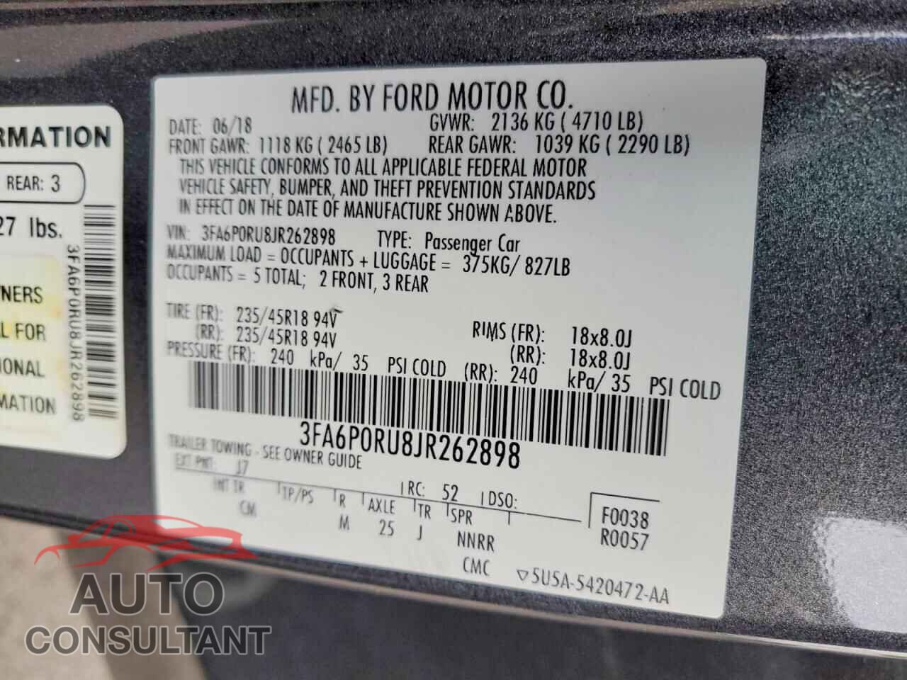 FORD FUSION 2018 - 3FA6P0RU8JR262898